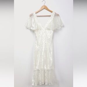 Lulus Maximum Sparkle White Sequin Flutter Sleeve Midi Dress!